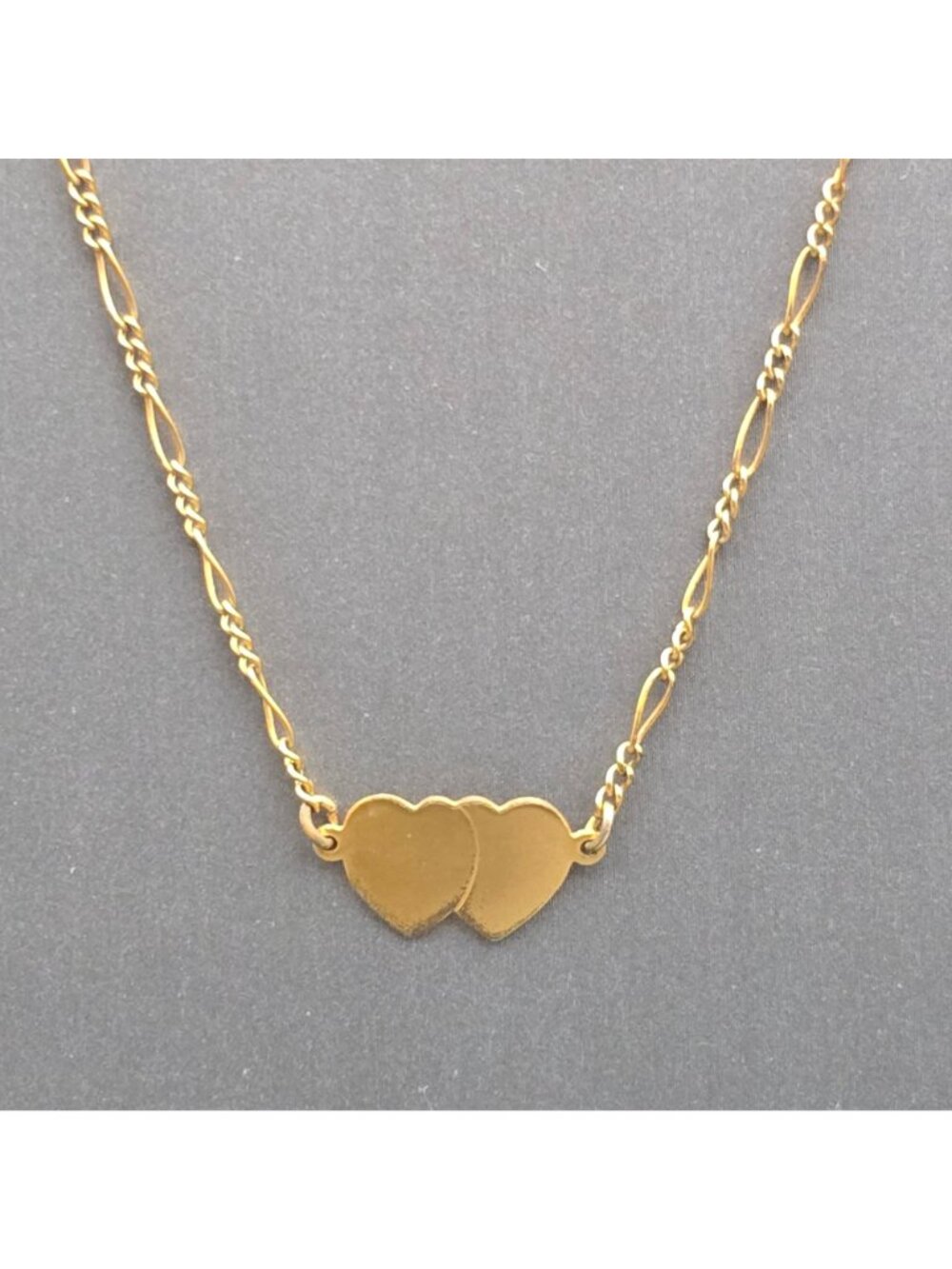 Vintage 12k Gold Filled Double Heart Choker Necklace Figaro Chain Statement - Picture 3 of 11